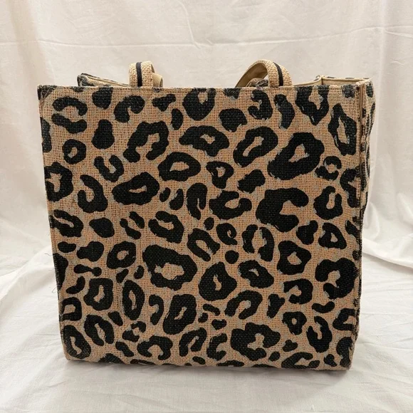 America & Beyond Leopard Print Tote Bag with Tassel — Boho Jute Shoulder Bag - Picture 2 of 6